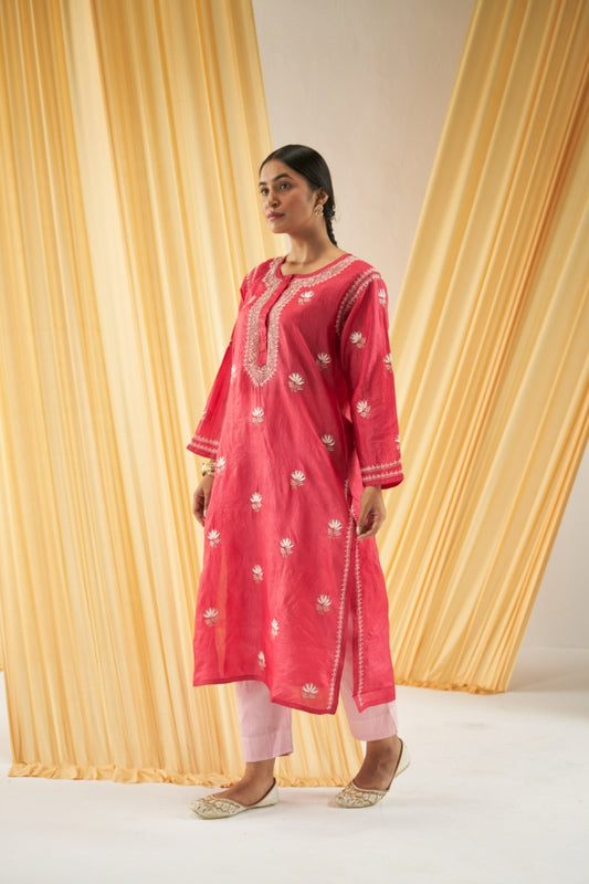 Red & Beige Silk Kurta